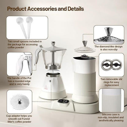 Electric Espresso Machine with Milk Frother 2 in 1 Efficient Moka Pot Coffee Maker with Milkfroth Aluminum One-Touch Operation for Effortless Cappuccinos Lattes Macchiatos White
