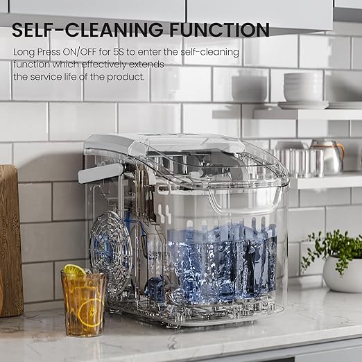 Kismile Ice Makers Countertop with Handle,8 Cubes in 6 Mins,Portable Ice Maker Machine with Self-Cleaning for Home/Office(White)