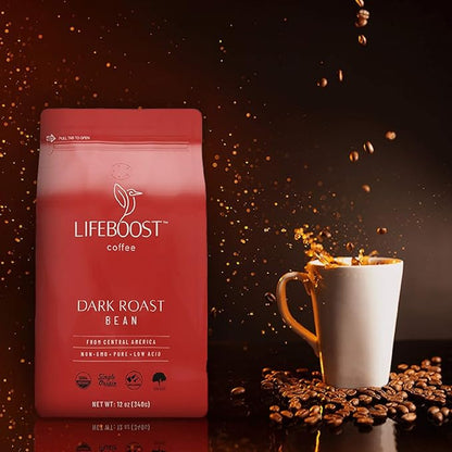 Lifeboost Dark Organic Coffee Beans - Single Origin Non-GMO Dark Roast Low Acid Coffee Beans - Third Party Tested For Mycotoxins & Pesticides - Whole Bean - 12 Ounces