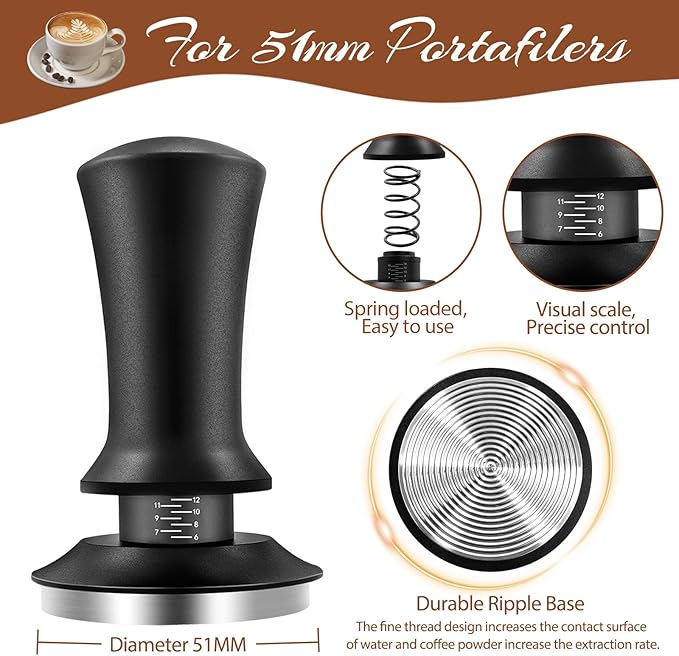 22 PCS Coffee Tamper Set, Espresso Accessories Tampers kit Barista Tools with 51mm Espresso Tamper, WDT Tool, Frothing Pitcher, Coffee Stirrer, Latte Art Pen, Tamper Mat, 16 Coffee Stencils