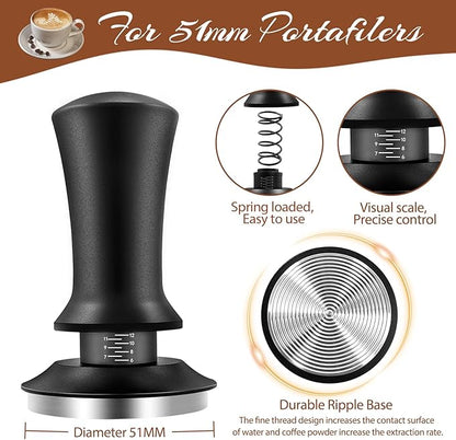 22 PCS Coffee Tamper Set, Espresso Accessories Tampers kit Barista Tools with 51mm Espresso Tamper, WDT Tool, Frothing Pitcher, Coffee Stirrer, Latte Art Pen, Tamper Mat, 16 Coffee Stencils