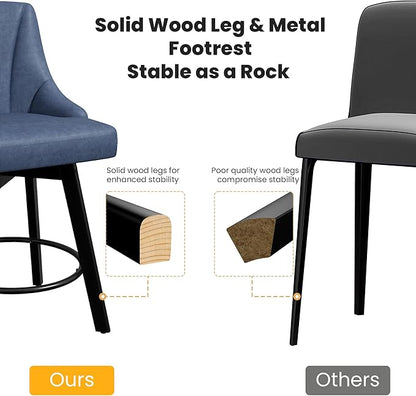 Swivel Bar Stools with Backs, 24" Counter Height Bar Stools Set of 6, Fabric Upholstered Counter Barstools with Solid Wood Legs for Kitchen Island, Home Bar, Blue