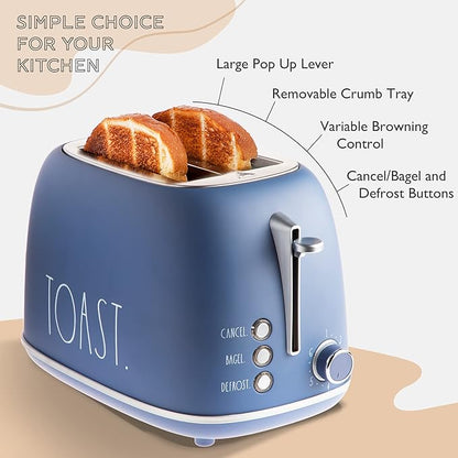 Rae Dunn Retro Rounded Bread Toaster, 2 Slice Stainless Steel Toaster with Removable Crumb Tray, Wide Slot with 6 Browning Levels, Bagel, Defrost and Cancel Options, Navy