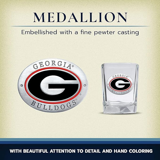 Heritage Pewter University of Georgia Square Shot Glass | Hand-Sculpted 1.5 Ounce Shot Glass | Intricately Crafted Metal Pewter Alma Mater Inlay