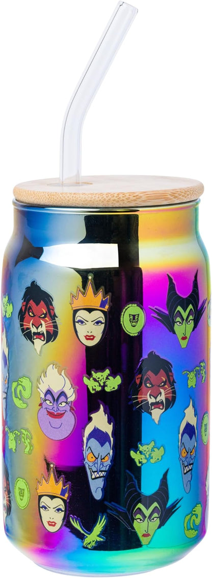 Silver Buffalo Disney Villains Featuring Scar, Maleficent, Ursula, Evil Queen, and Hades Chrome Glass Jar Tumbler with Bamboo Lid and Glass Straw, 16 Ounces