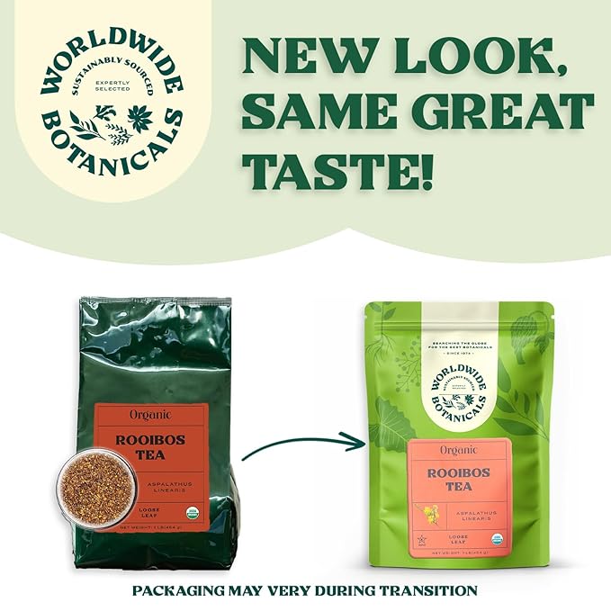 Worldwide Botanicals Organic Red Rooibos Tea – 1lb - 100% South African Aspalathus linearis – Loose Leaf, Cut and Sifted - Resealable Bag for Freshness, 1 Pound Bag