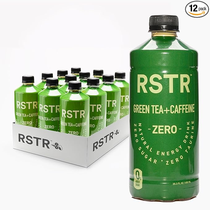 RSTR Green Tea 12 Pack – High Caffeine Iced Tea with 210mg Natural Caffeine – Unsweetened, Zero Added Sugar & Ultra Low Calories – Bottled Green Tea for Immediate Energy Boost