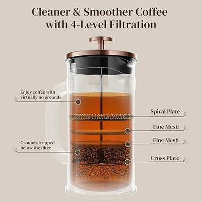 Veken French Press Coffee Maker 21oz 0.6 L, Heat Resistant Thickened Borosilicate Glass,Stainless Steel Brewer,Single Serve Small Pot, Cold Brew Cafetera Teapot for Kitchen Travel Camping, Copper