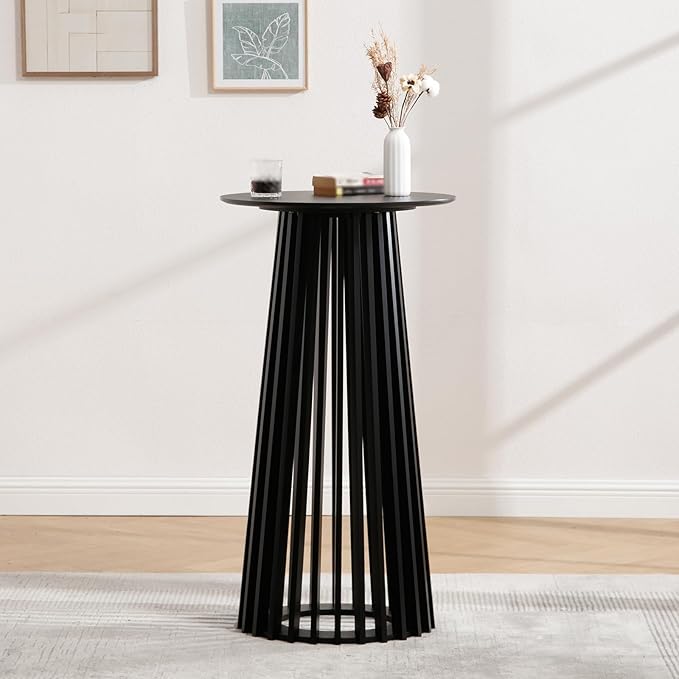 DUOMAY Black Round Bar Table, 43.5" High Wood Bar Table with Stylish Geometric Base, Modern Style Cocktail Tables for Parties, Kitchen, Dining Room, Coffee Shop