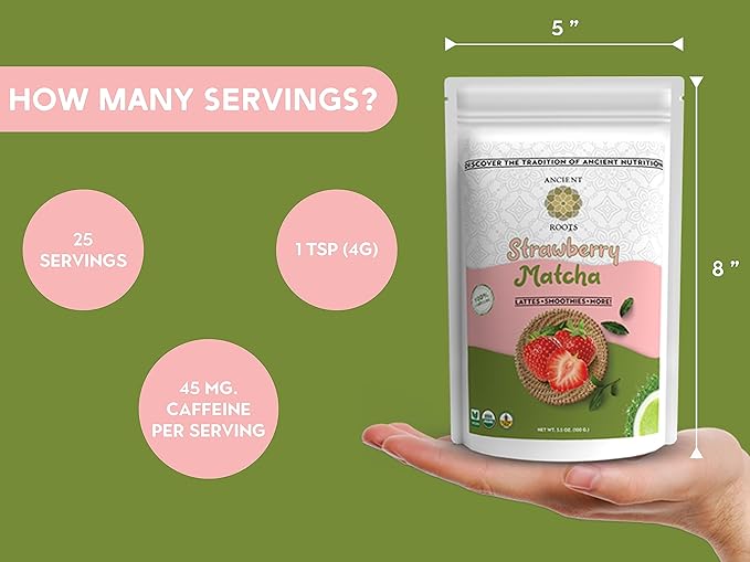 Ancient Roots Strawberry Matcha Powder 3.5 oz Japanese Green Tea with Real Strawberry Freeze Dried Fruit Powder No Added Sugar, Filled with Antioxidant Rich Superfood for Lattes, Smoothies & Baking - 25 Servings