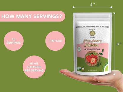 Ancient Roots Strawberry Matcha Powder 3.5 oz Japanese Green Tea with Real Strawberry Freeze Dried Fruit Powder No Added Sugar, Filled with Antioxidant Rich Superfood for Lattes, Smoothies & Baking - 25 Servings