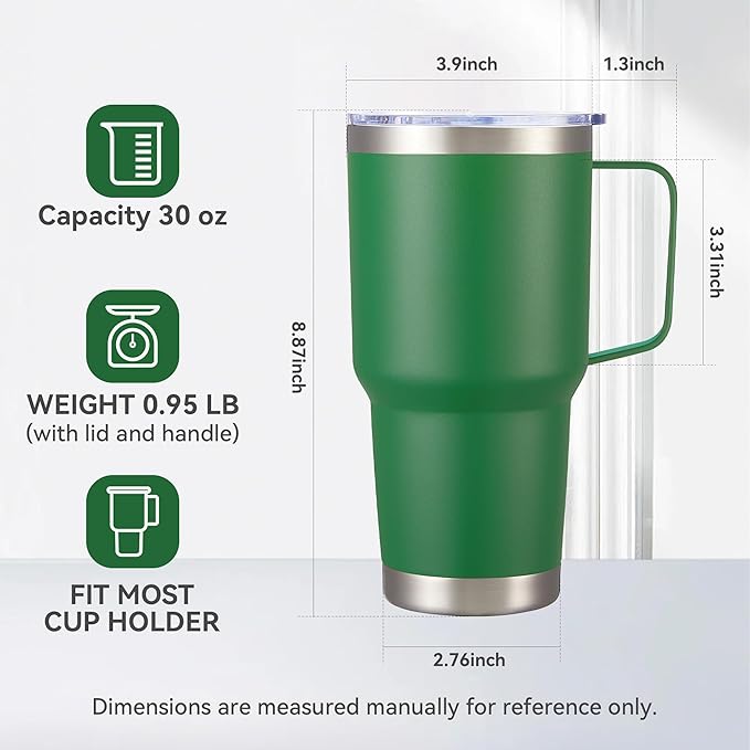 30 oz Tumbler with Handle and Lid, Stainless Steel Tumblers Double Wall Vacuum Insulated Travel Mug Leak Proof Cup Keep Drinks Cold and Hot Dark Green, 1 Pack