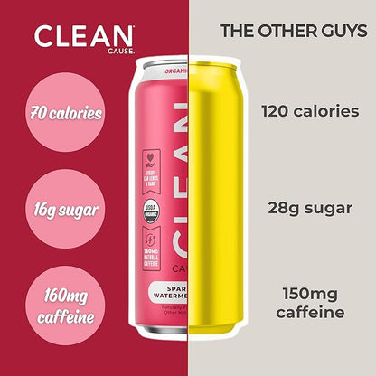 CLEAN Cause Low Calorie Watermelon Mint Sparkling Yerba Mate Tea, 160mg Caffeine, Organic, Low Sugar, Healthy Alternative to Energy Drinks (16oz cans, 12-Pack Case)
