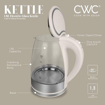 COOK WITH COLOR Electric Tea Kettle, 1.8L Cordless Hot Water Boiler, 1200W Rapid Boil, Auto Shutoff & Boil Dry Protection, BPA-Free, Sleek Countertop Design, Cream