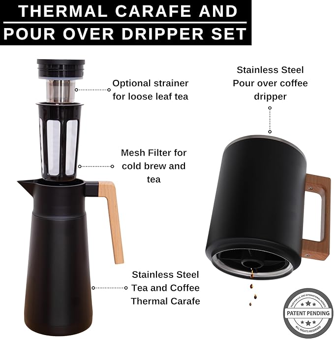HASTINGS 68 Oz Pour Over Coffee Maker Set with Double Layer Reusable Stainless Steel Filter 8-Cup and Wood Handle - Dual Wall Heat Resistant Drip Coffee Brewer, Pour Over Coffee Dripper Carafe, Black