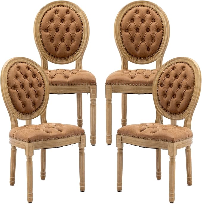 French Country Dining Chairs Set of 4, Vintage Wooden Dining Chairs with PU Leather Upholstered Tufted Seat,Solid Wood Legs&Frame, Farmhouse Kitchen&Living Room Chairs(Orange,4 Pcs)