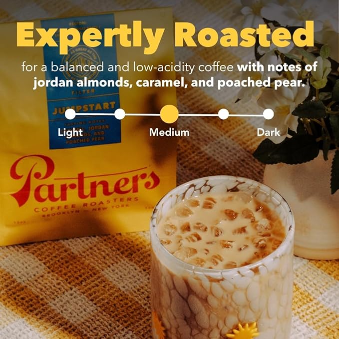 PARTNERS COFFEE ROASTERS - Whole Bean Coffee (Jumpstart - Medium-Light Roast) 12oz - Full Bodied & Packed With Flavor - Jordan Almond, Caramel, Poached Pear - Coffee Beans - Roasted in New York City
