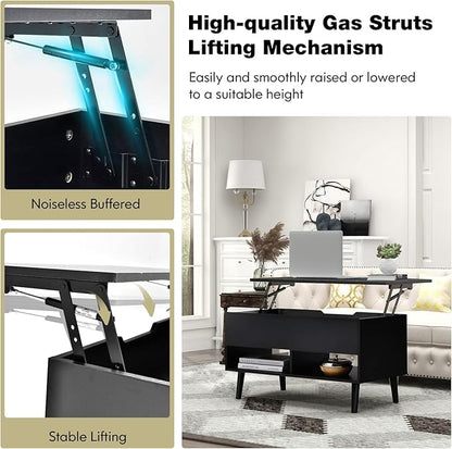 Tangkula Lift Top Coffee Table, Modern Cocktail Table with Hidden Compartment & 2 Open Shelves, Flip Top Center Table, Wooden Pull up Coffee Table for Living Room, Reception Room, Office (Black)