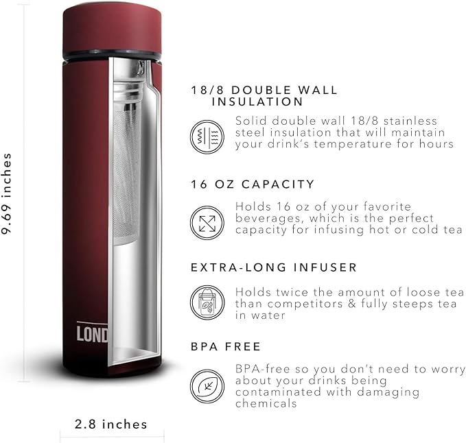 London Sip Multi-Purpose Travel Mug and Tumbler Fruit Infused Flask Hot and Cold Double Wall Stainless Steel Thermos with Extra-Long Infuser, Sacred Red, Pack of 2