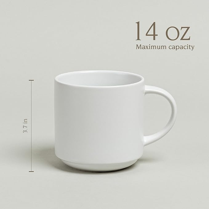 over&back Coffee Mugs Set of 4 – 14oz Ceramic Coffee Mug for Tea, Latte & More – Stackable Stoneware Coffee Cups with Semi-Matte White Finish – Durable & Stylish Drinkware