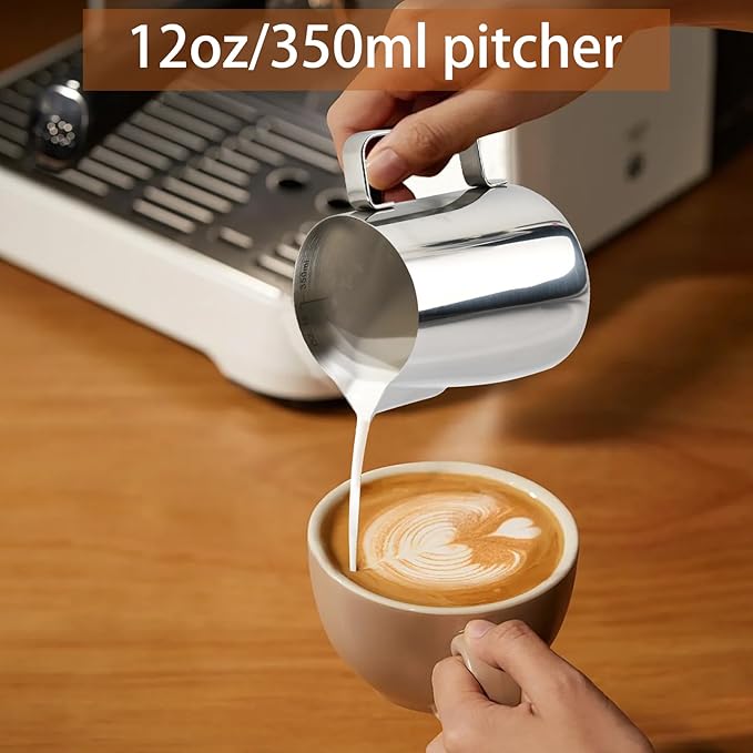 Stainless Steel Espresso Milk Frothing Pitcher - 12OZ/350ML Coffee Milk Frother Cup with Decorating Art Pen for Espresso Machine, Latte Art