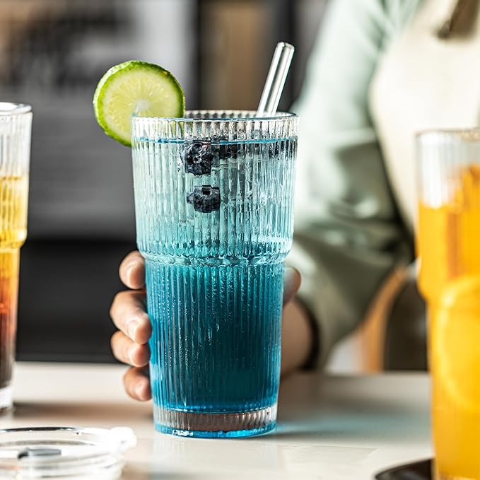 Ribbed Drinking Glasses,with Lids and Straws Glass Cup,19oz Glass cup,4 Pack Old Fashioned Glasses,Thickened for iced coffees,cocktails and juices, perfect for families and parties (4)