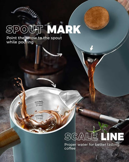 POLIVIAR French Press Coffee Maker, 21 oz Coffee Press with Real Wood Handle, Double Wall Insulation & Dual-Filter Screen, Food Grade Stainless Steel for Good Coffe and Tea, JX2024-SFPU