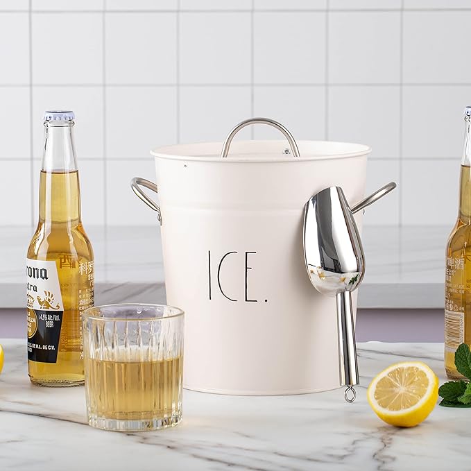 Rae Dunn Ice Bucket with Scoop - Stainless Steel Bucket with Handle, Lid and Ice Scooper - 4 Qt. Storage Bin for Ice Cubes for Bars, Parties, Backyard Barbeques, Picnics, and Camping (White)