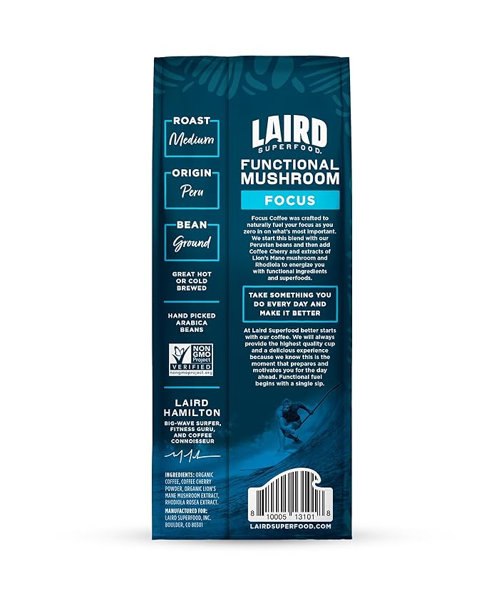 Laird Superfood Focus Coffee, Medium Roast Ground Coffee Infused with Functional Mushrooms and Botanical Adaptogens, 12 oz. Bag (Pack of 2)