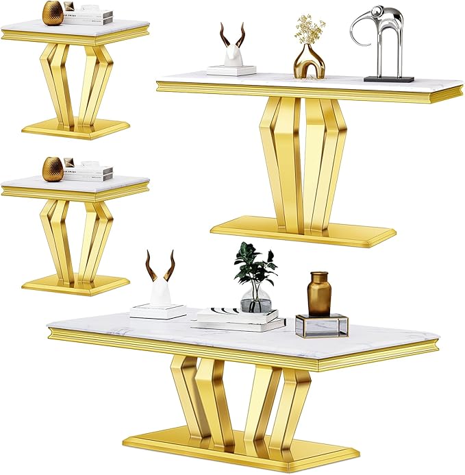 4-Piece Coffee Table Set, White and Gold Living Room Tables with 4 Geometric Bases, 1 Coffee Table + 2 End Table + 1 Console Table for Home Office
