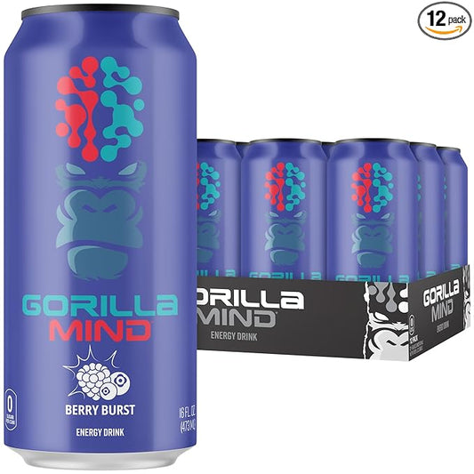 Gorilla Mind Energy Drink | Unmatched Energy · Amplified Focus | N-Acetyl-L-Tyrosine, Alpha-GPC, 200mg Caffeine, Uridine, Saffron | 0 Sugar Or Artificial Colors | 16oz, 12-Pack (Berry Burst)