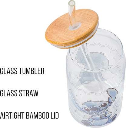 Silver Buffalo Disney Lilo and Stitch Sitting Glass Jar Tumbler with Bamboo Lid and Glass Straw, 16 Ounces