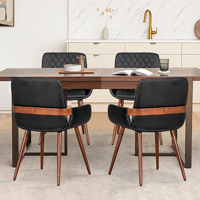 LUNLING Mid Century Modern Faux Leather Dining Room Chairs,Upholstered Seat Metal Legs Chairs Black Faux Leather Kitchen Chair Reception Room Chair,1PCS