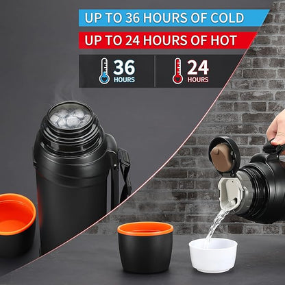 Large Thermosflask- 64oz Stainless Steel Insulated Bottle for Travel with BPA Free Cup - 2.0L Oversized Vacuum Insulated Thermoses with Handle and Strap for Hot & Cold Drinks(Black)