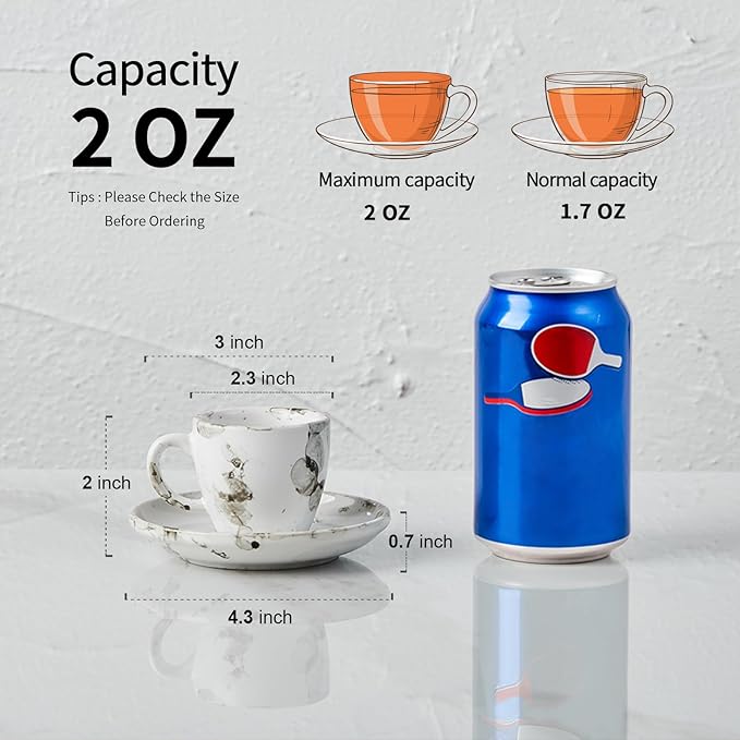 SIDUCAL Espresso Cups Set of 6,2 Ounce Ceramic Coffee Cups with Saucers,Porcelain Double Espresso Shot Cup Set,Gift Box for Boyfriend Gift(White)