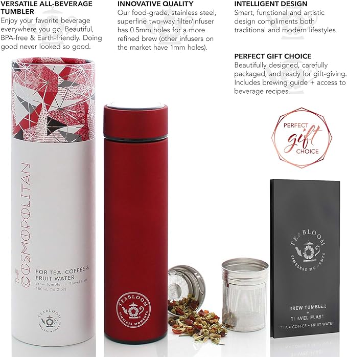 Teabloom ORIGINAL All-Purpose Beverage Tumbler - 16 oz - 480 ml - Brushed Metal Insulated Water Bottle/Tea Flask/Cold Brew Coffee Mug - Extra-Fine Two-Way Infuser Travel Bottle - Ruby Red