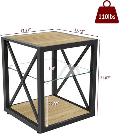 Rustic Coffee Table Set of 3, End Table Mordern Living Room Table Set with Tempered Glass Top Splicing Wood MDF, Black Metal Frame Industrial Style, Natural