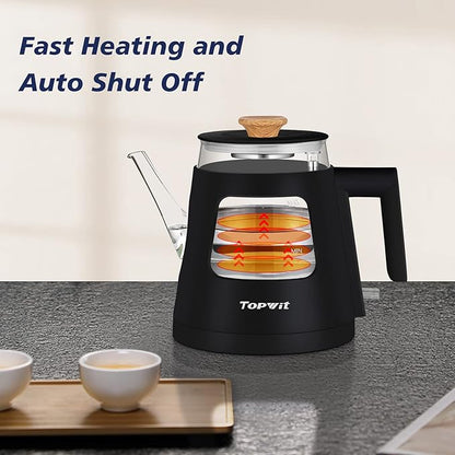 Topwit Electric Kettle, 1.0L Electric Tea Kettle with Removable Stainless Steel Infuser, BPA-Free Electric Glass Kettle with Window, Double Wall Water Warmer, Gooseneck, Auto-shut Off, Black