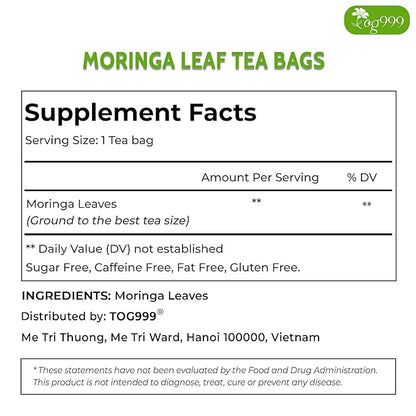 TOG999, Premium 60 Moringa Leaf Tea Bags, 100% Natural & Pure, Loose Leaf Moringa Herbal Tea. No Sugar, No Caffeine, No Gluten, Vegan.