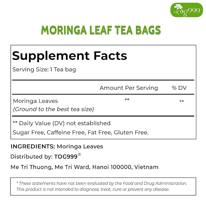 TOG999, Premium 30 Moringa Leaf Tea Bags, 100% Natural & Pure from Moringa Leaves. Loose Leaf Moringa Herbal Tea. Moringa Leaf Tea. No Sugar, No Caffeine, No Gluten, Vegan.
