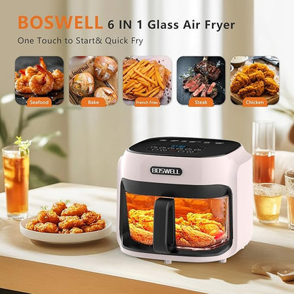 BOSWELL Glass Air Fryer, 7.5 QT with Transparent Fry Bowl, Circulating Heating, Temperature Control, Stainless Steel Air Fryer Roast, Dishwasher Safe (white)