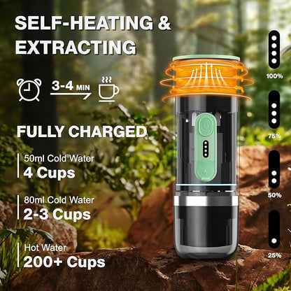 Portable Espresso Maker, Wireless Self-heating, Mini Coffee Maker, 80ml Water Tank, Ground Coffee Compatible with Nespresso & Dolce Gusto for Travel, Camping, Hiking, Office (Green)
