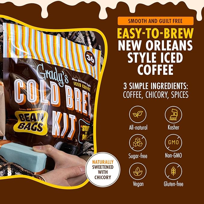 GRADY’S COLD BREW, New Orleans Style, 100% Arabica Ground Coffee & Chicory Pouches, 2 All-in-One Cold Brew Kits, each with 12 Easy-to-Brew Beans Bags, Makes 72 drinks