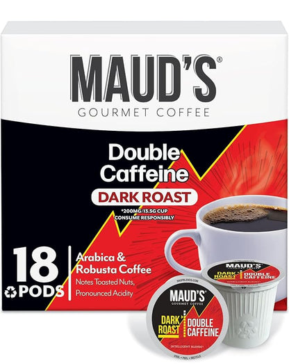 Maud's Double Caffeine Coffee Pods, 18 ct, Dark Roast Coffee in Recyclable Single Serve Pods – 100% Arabica Coffee, Compatible with Keurig K Cups Maker