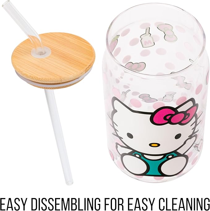 Silver Buffalo Sanrio Hello Kitty Strawberry Milk Bow Pink Polka Dot Glass Jar Tumbler with Bamboo Lid and Glass Straw, 16 Ounces