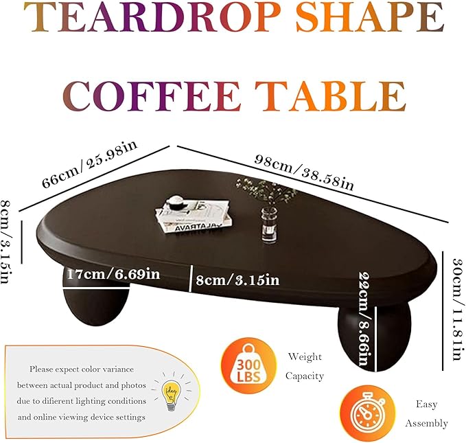 Cream Style Coffee Table with Spacious Smooth Tabletop & Stable Ellipsoidal Legs, Simple Stylish Center Table for Farmhouse Living Room (I-Black)