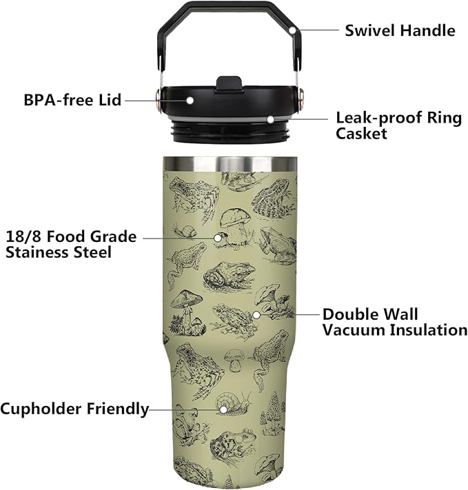 30oz Frog Tumbler with Handle and Straw, Stainless Steel Insulated Frog Cup with Top Handle and Lid, Frog Coofee Mug Gifts for Women Men