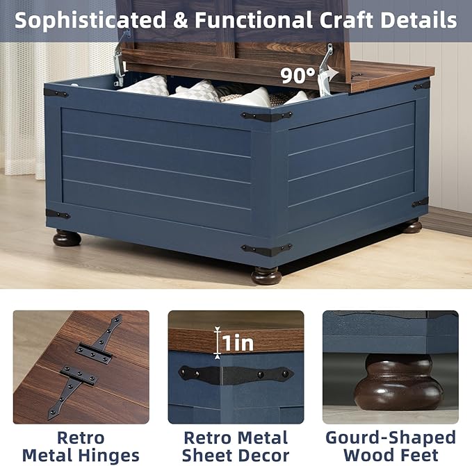 Farmhouse Coffee Table with Hidden Storage, 59 Gallon Square Center Table for Living Room, Rustic Wood Cocktail Tables with Flip-Top Lids, Farm House Tables with Wooden Gourd Feet, Navy Blue
