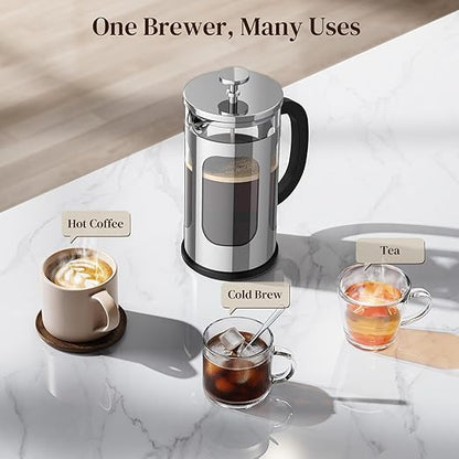 Veken French Press Coffee Maker 34oz 1 L, Heat Resistant Thickened Borosilicate Glass, No Plastic Touching Cafe, Stainless Steel Brewer, Cold Brew Cafetera Teapot for Kitchen Travel Camping, Silver