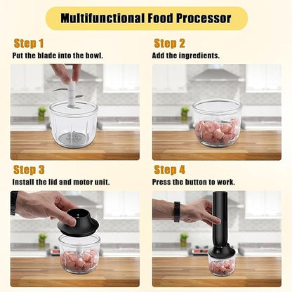 Electric Hand Mixer with Whisk, Handheld Electric Whisk, Hand Blender Set for Mini Food Processor, Rechargeable Cordless Handheld Mixer, Small Food Chopper for Dicing, Mincing, and Puree, 4-Speed,10Oz